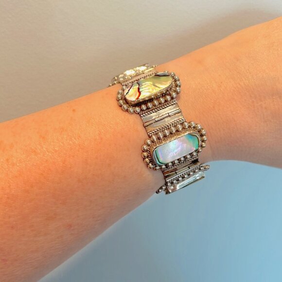 stunning Mexican alpaca silver bracelet w/ abalone - Picture 3 of 10